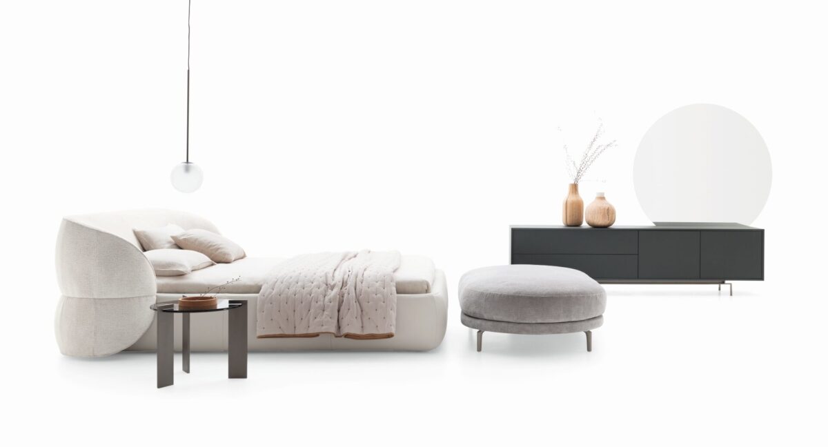 “CLIP upholstered bed by Ditre Italia – sleek Italian bedroom furniture with tailored detailing and low profile”