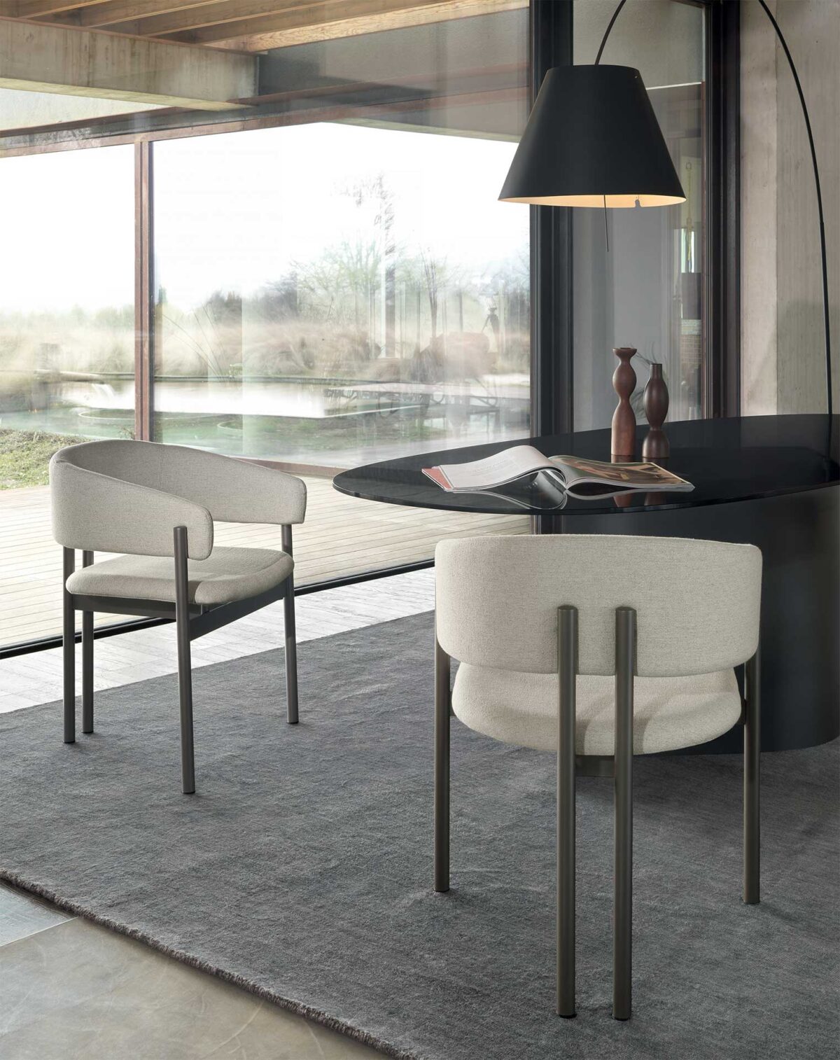 “Ditre Italia Biarritz chair – minimalist Italian design with luxurious fabric and wood base”