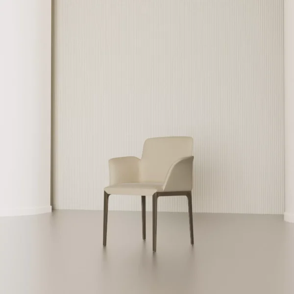 "Side view of Bontempi Opera chair showcasing smooth curves, lacquered aluminum legs, and soft leather seat."