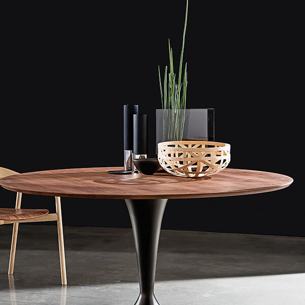“Flute Wood Dining Table by Sovet – modern Italian round table with natural wood top and elegant central base”