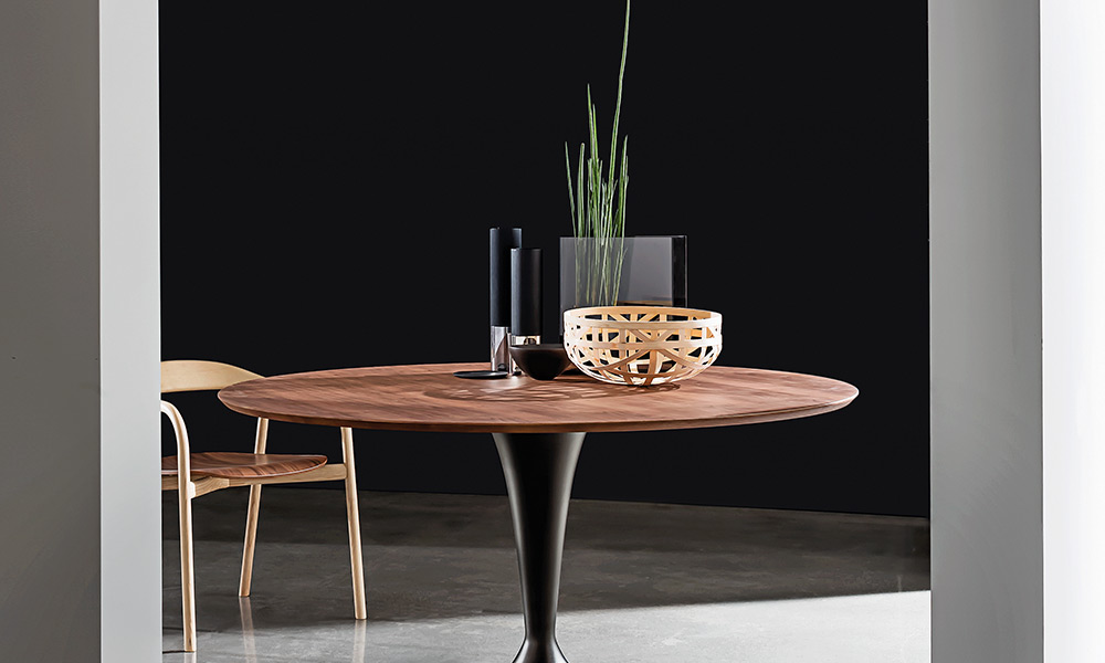 βFlute Wood Dining Table by Sovet β modern Italian round table with natural wood top and elegant central baseβ