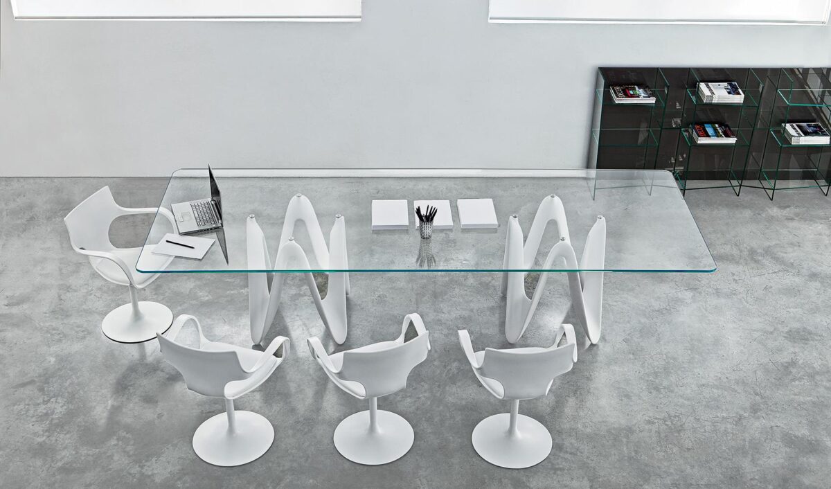 “Sovet Lambda Table with Two Bases – contemporary dining table with fluid architectural legs and minimalist surface”