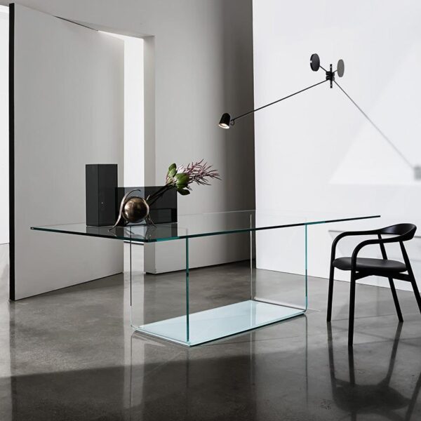 “Valencia Table by Sovet – modern Italian glass dining table with transparent top and lightweight sculptural base”