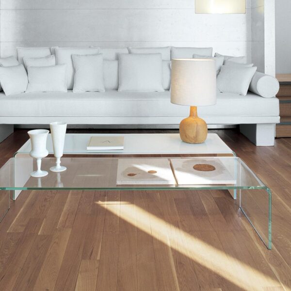 “Sovet Bridge Collection – contemporary coffee tables featuring minimalist U-shaped bent glass structure”