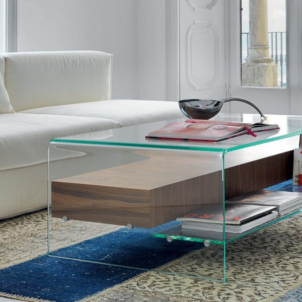“Bridge Coffee Table by Sovet – modern Italian glass table with integrated drawer and lower shelf for smart storage”