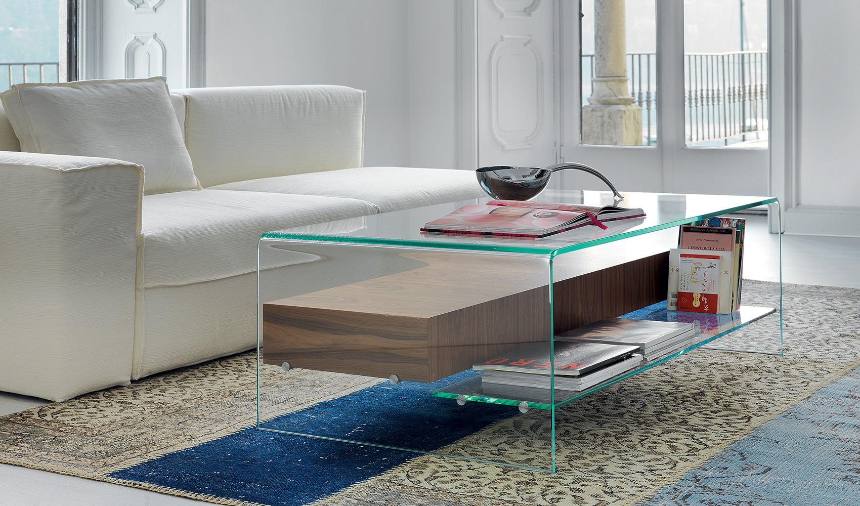 “Bridge Coffee Table by Sovet – modern Italian glass table with integrated drawer and lower shelf for smart storage”