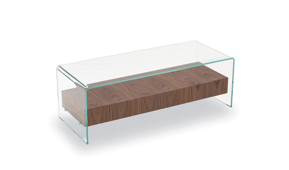 “Sovet Bridge Table – contemporary coffee table featuring curved glass form, drawer unit, and display shelf”