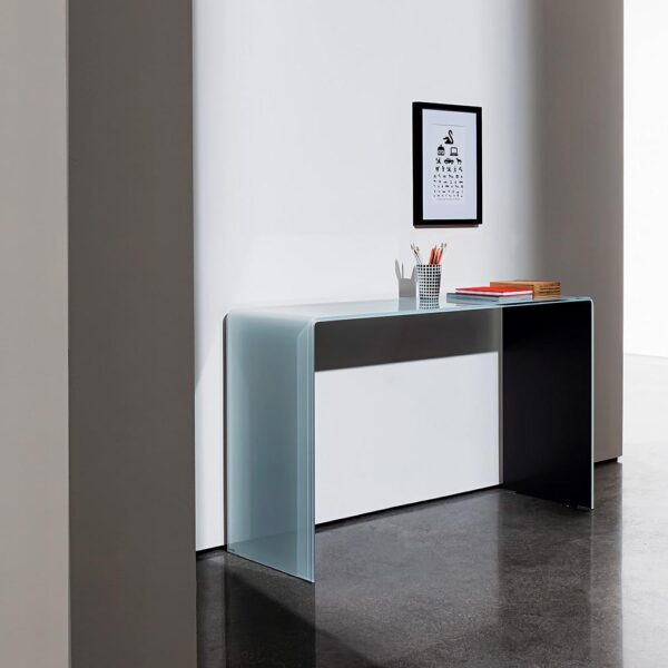 “Hall Bridge Console by Sovet – modern console table crafted from a single sheet of curved transparent glass”
