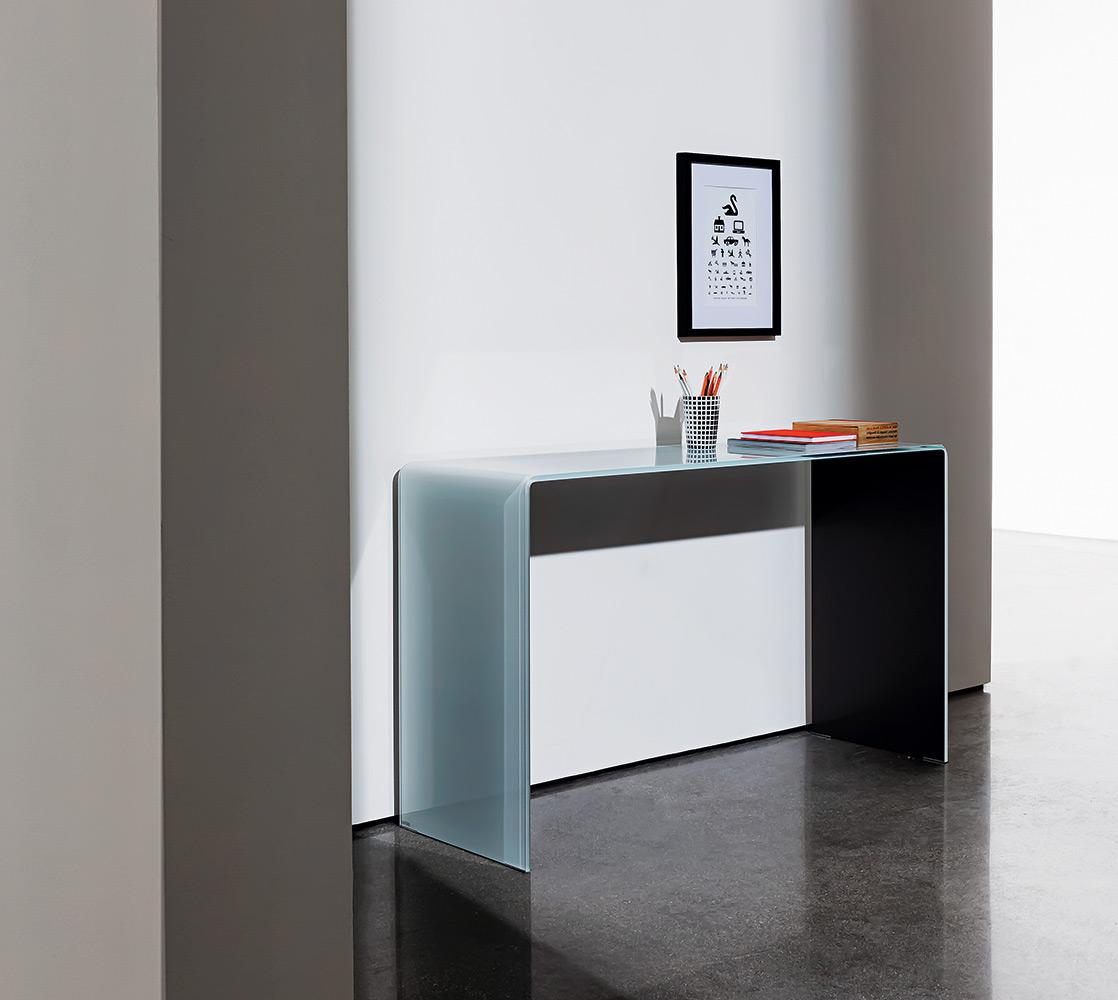 “Hall Bridge Console by Sovet – modern console table crafted from a single sheet of curved transparent glass”