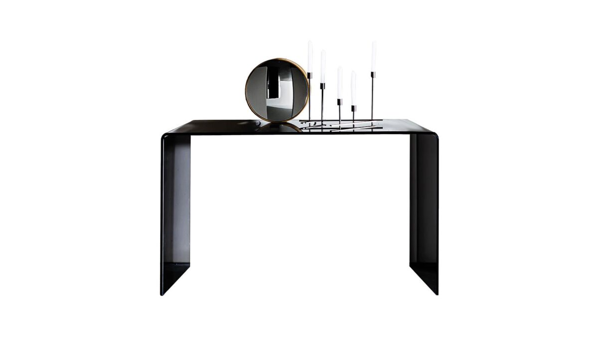 “Curved glass console table – Hall Bridge by Sovet featuring sleek lines and refined transparency”
