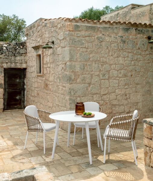 Abel Dining Armchair by Talenti – elegant outdoor armchair with woven rope backrest and plush cushions
