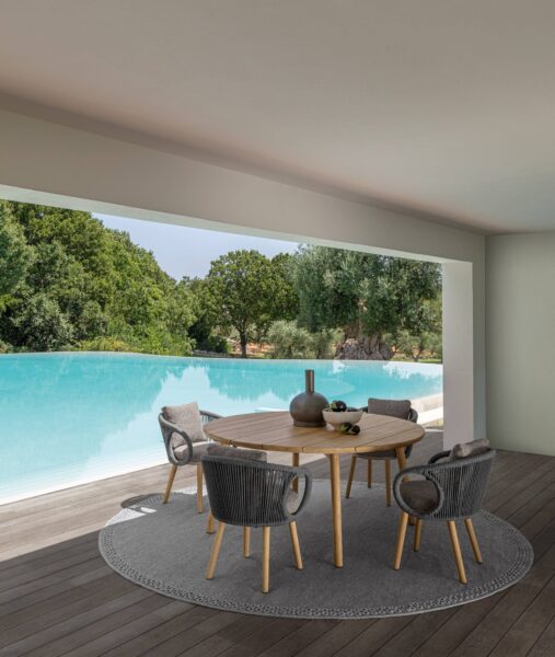 Karen Dining Chair by Talenti – elegant outdoor chair with woven rope backrest and natural wood accents