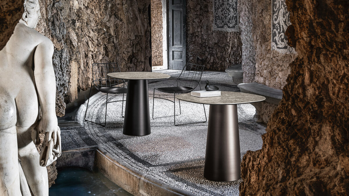“Totem bar table by Sovet – modern Italian high table with sculptural central base and sleek round top”