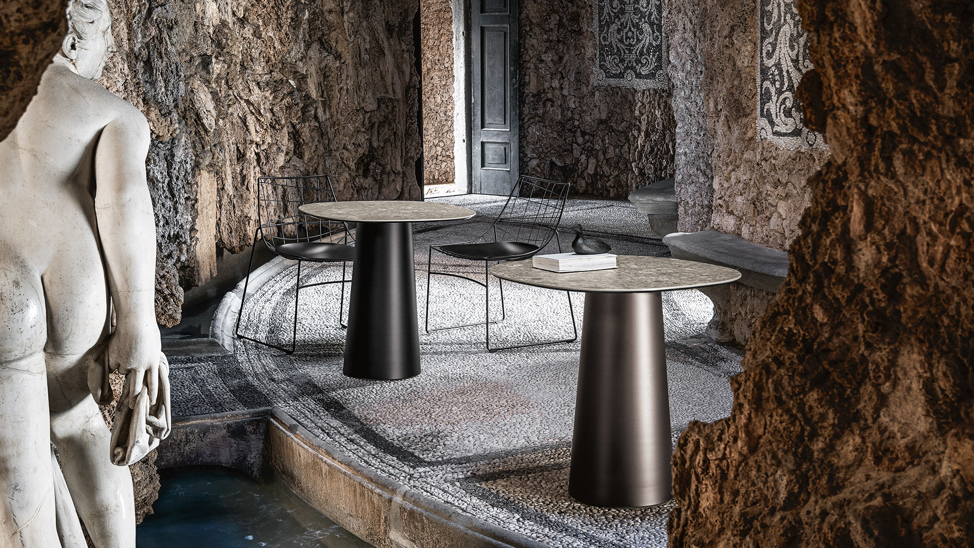 “Totem bar table by Sovet – modern Italian high table with sculptural central base and sleek round top”