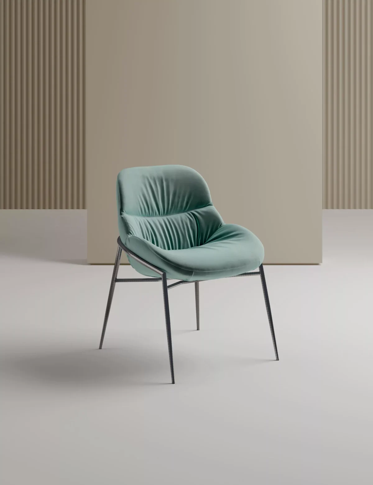 “Front-facing view of Amelie dining chair in beige velvet, highlighting its enveloping silhouette and rounded conical legs.”