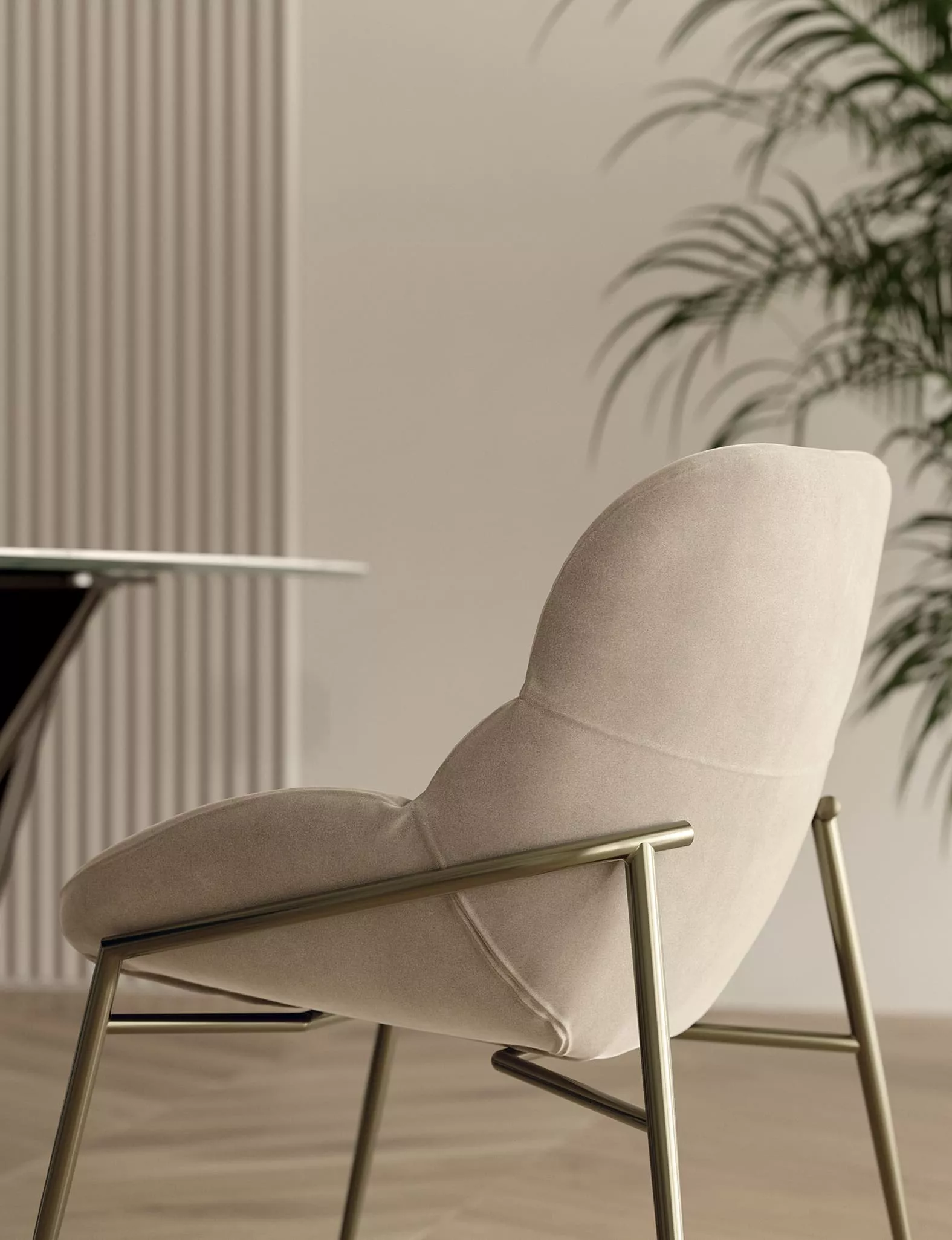 “Amelie chair by Bontempi – upholstered in premium leather with a gently curved shell and sleek dark metal tapered legs.”