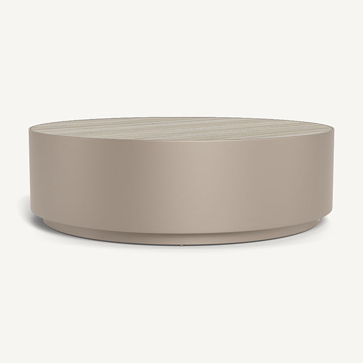 “Antigua Round Coffee Table by Harbour – modern circular outdoor table with powder-coated aluminum frame”