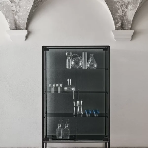 Modern Audrey display cabinet by Bontempi in Royal Oak, MI featuring transparent glass panels and dark brass frame.