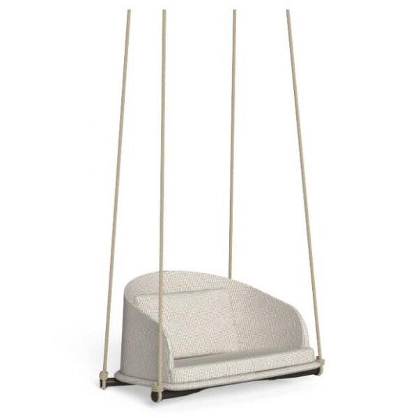 "Luxury hanging swing chair by Talentispa, combining natural wood with contemporary comfort."