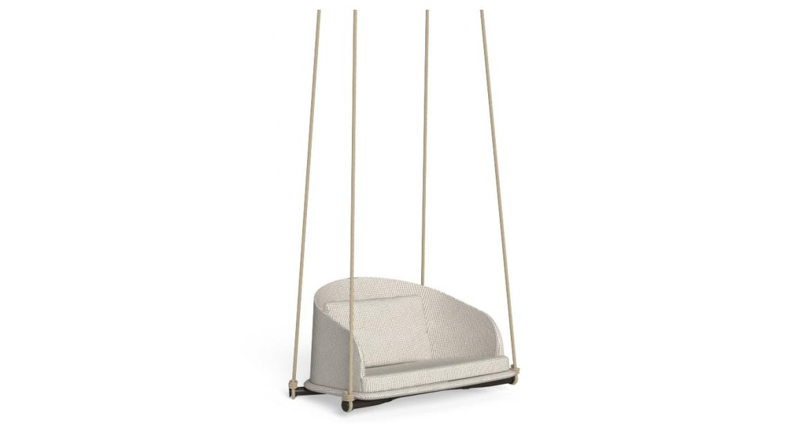 "Luxury hanging swing chair by Talentispa, combining natural wood with contemporary comfort."