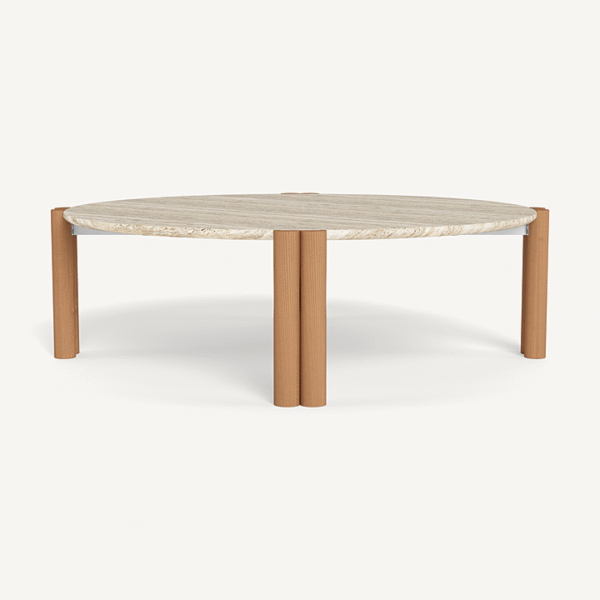 “Harbour Cove round teak coffee table – contemporary design with organic curves and rich wood texture”