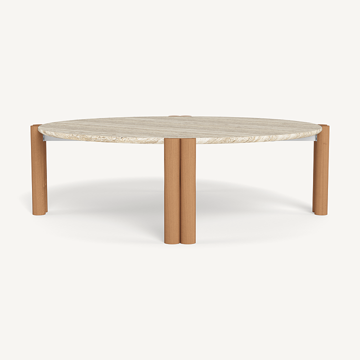 “Harbour Cove round teak coffee table – contemporary design with organic curves and rich wood texture”