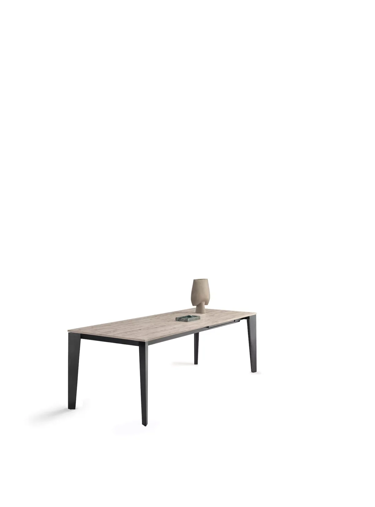 Side view of Cruz XXL extendable table with lacquered metal legs and glossy glass top.