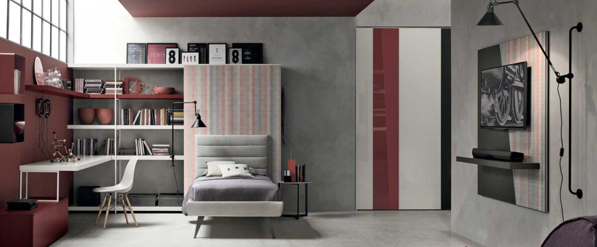 “Tomasella Composition 01 kids’ bedroom – colorful modular furniture with bunk bed, wardrobe, and open shelving”