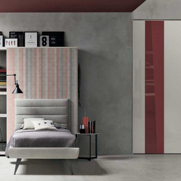 “Tomasella Composition 01 kids’ bedroom – colorful modular furniture with bunk bed, wardrobe, and open shelving”