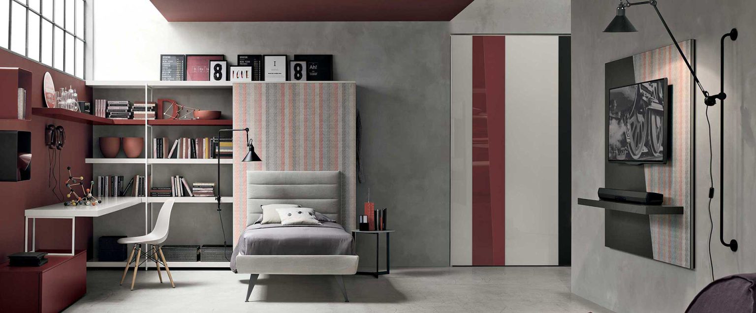 “Tomasella Composition 01 kids’ bedroom – colorful modular furniture with bunk bed, wardrobe, and open shelving”