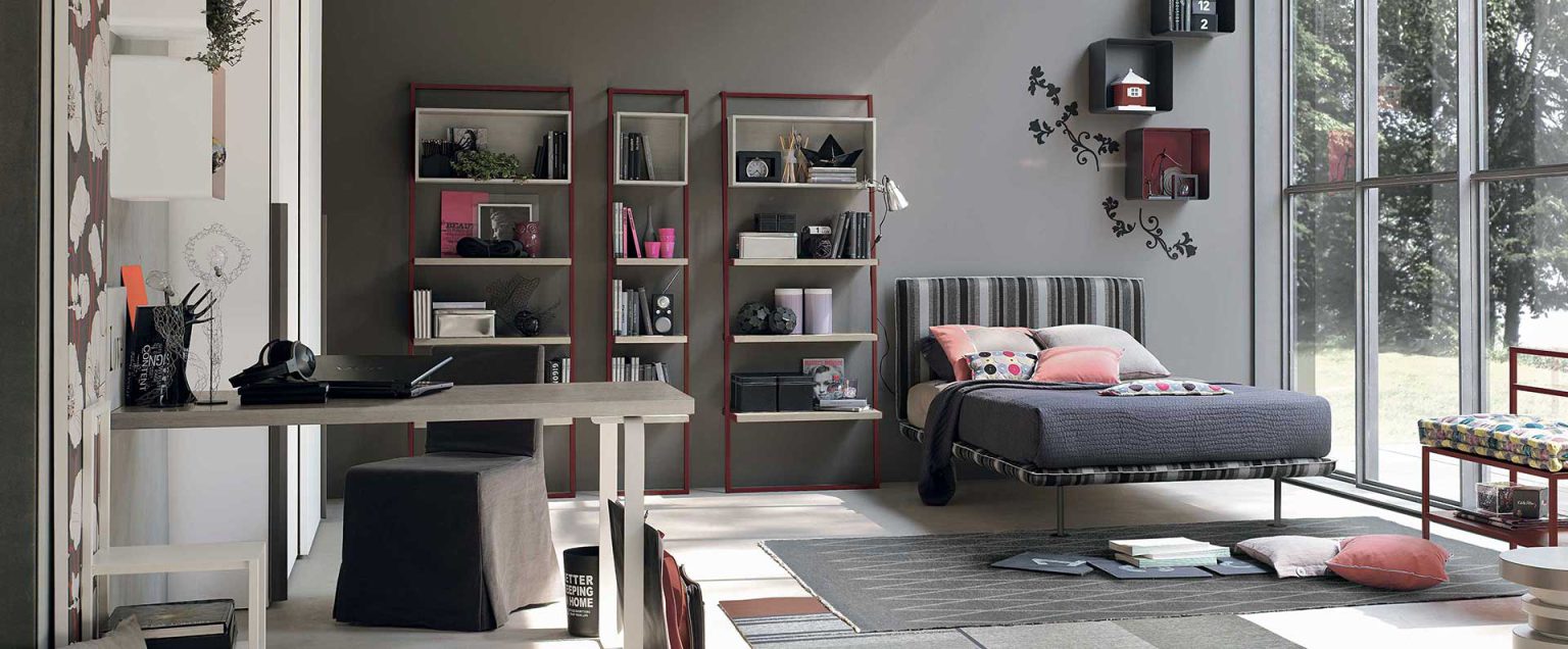 “Composition 01B children’s room by Tomasella – modern Italian kids’ bedroom with loft bed, desk, and integrated wardrobe”