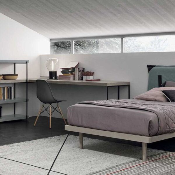 “Tomasella Composition 07 kids’ room – functional layout with open shelving, built-in wardrobe, and colorful accents”