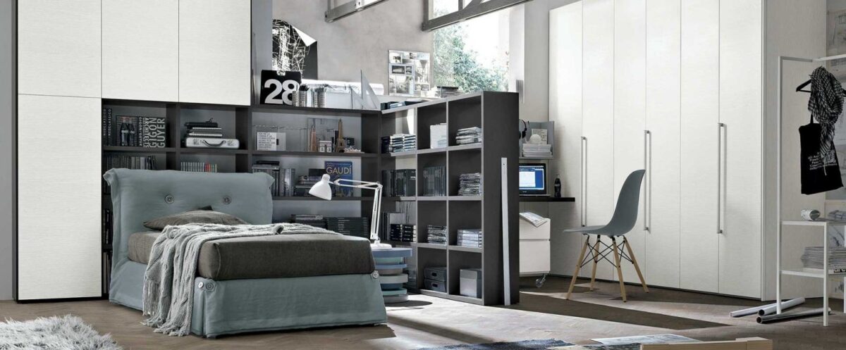“Composition 07A children’s room by Tomasella – modern Italian kids’ bedroom with single bed, open shelving, and integrated study desk”