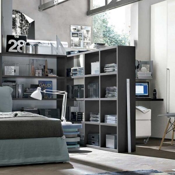 “Composition 07A children’s room by Tomasella – modern Italian kids’ bedroom with single bed, open shelving, and integrated study desk”