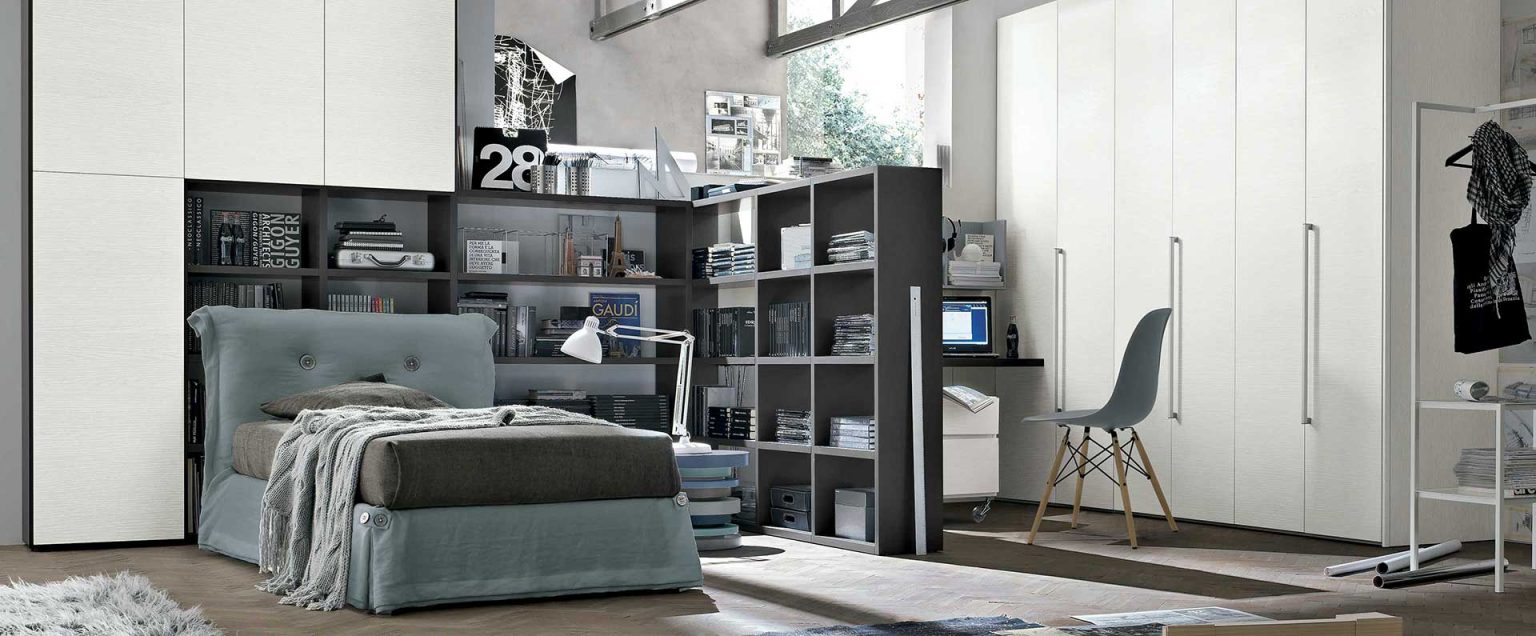 “Composition 07A children’s room by Tomasella – modern Italian kids’ bedroom with single bed, open shelving, and integrated study desk”