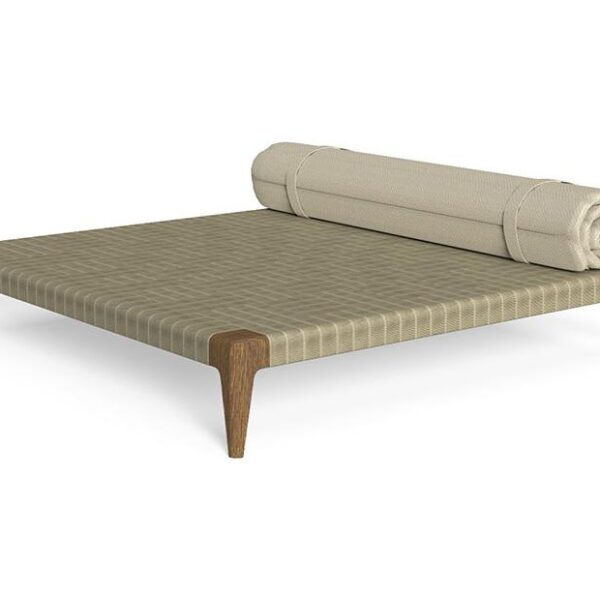 "Elegant Cruise//Teak Pouf by TalentiSpa with a large square profile and weather-resistant materials."