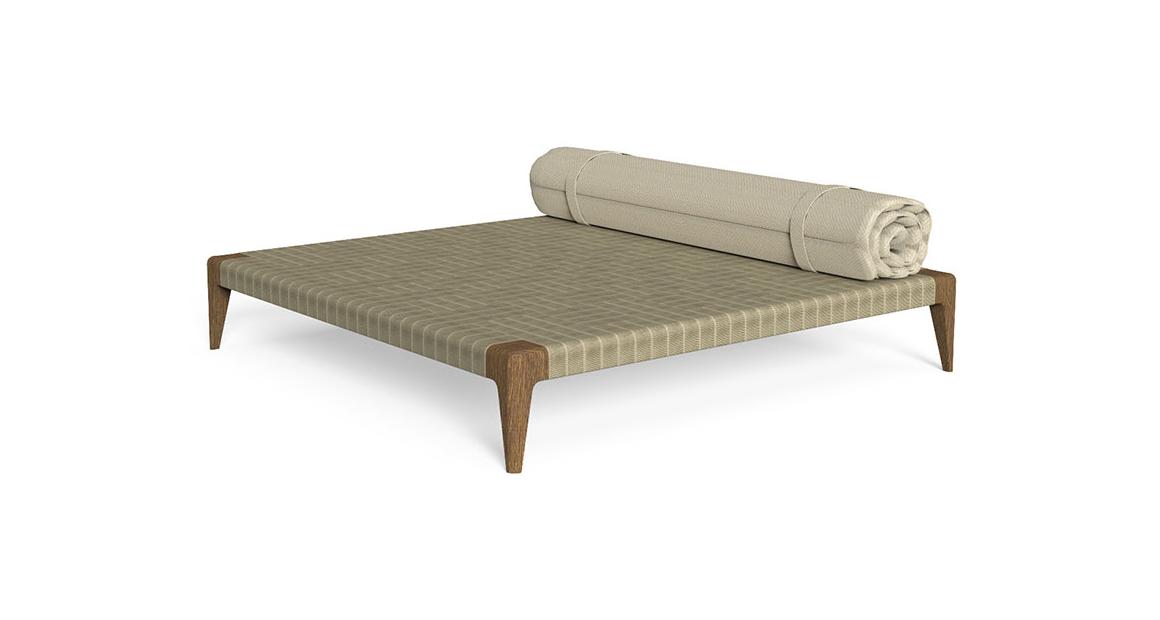 "Elegant Cruise//Teak Pouf by TalentiSpa with a large square profile and weather-resistant materials."