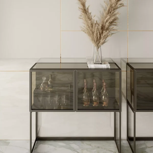 Modern Elvis bar cabinet by Bontempi in Royal Oak, MI featuring transparent bronze glass panels and dark brass frame.