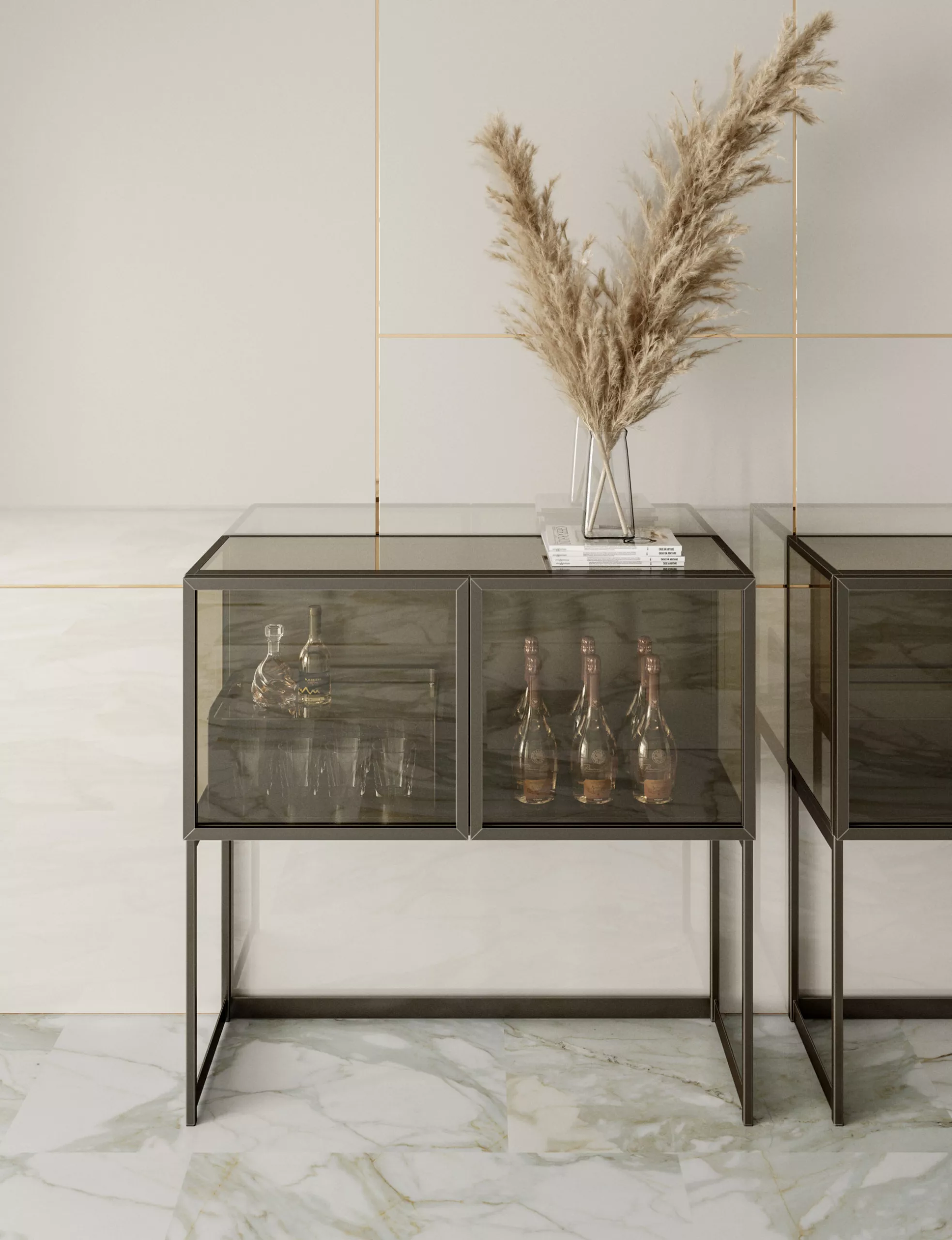 Modern Elvis bar cabinet by Bontempi in Royal Oak, MI featuring transparent bronze glass panels and dark brass frame.