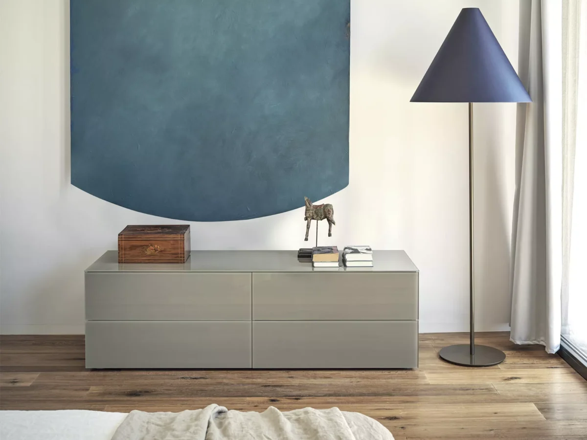 Modern Enea sideboard by Bontempi in Royal Oak, MI featuring a matte lacquered wood structure and glossy lacquered glass panels.