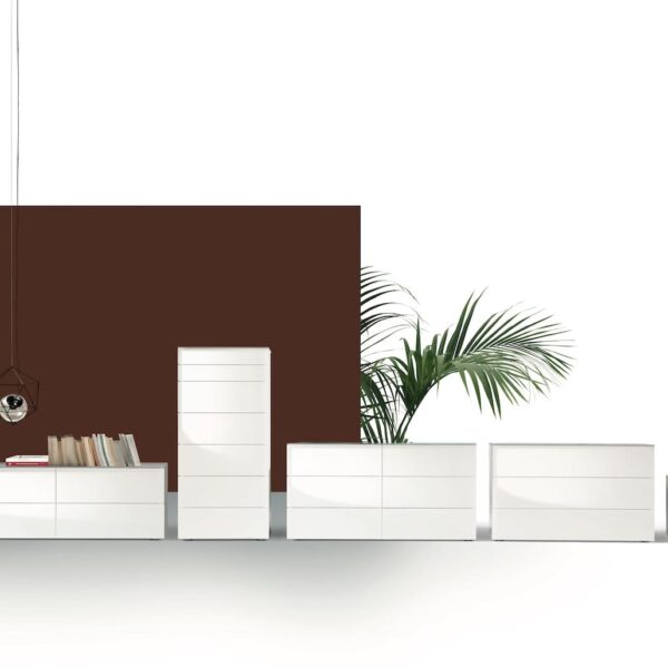 Modern Enea sideboard by Bontempi in Royal Oak, MI featuring a matte lacquered wood structure and glossy lacquered glass panels.