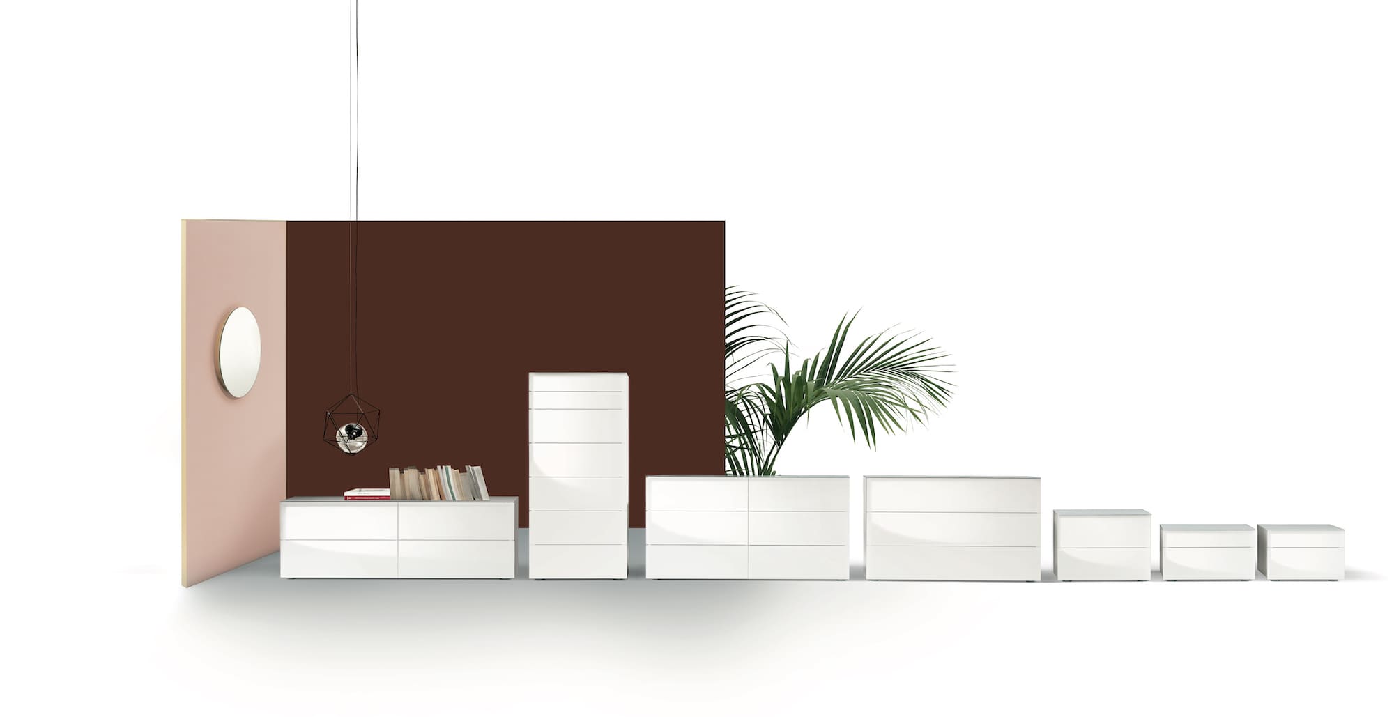 Modern Enea sideboard by Bontempi in Royal Oak, MI featuring a matte lacquered wood structure and glossy lacquered glass panels.
