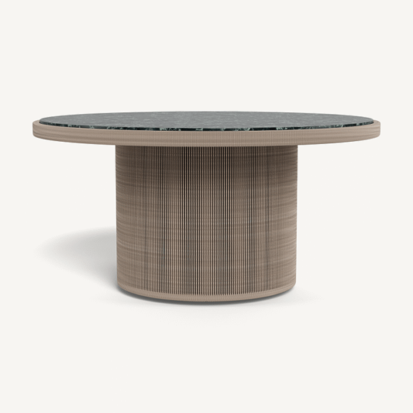  “Formentera Round Dining Table 60 by Harbour – modern outdoor dining table in natural teak finish”