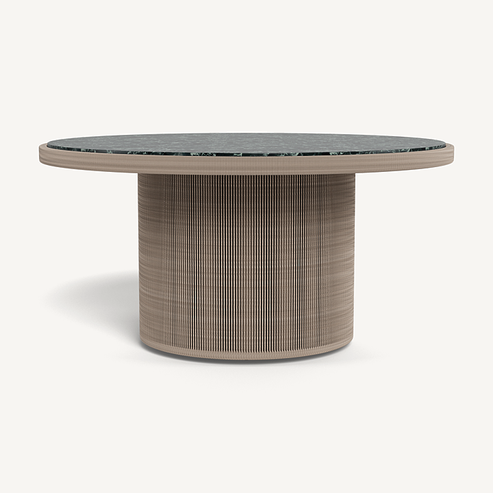  “Formentera Round Dining Table 60 by Harbour – modern outdoor dining table in natural teak finish”