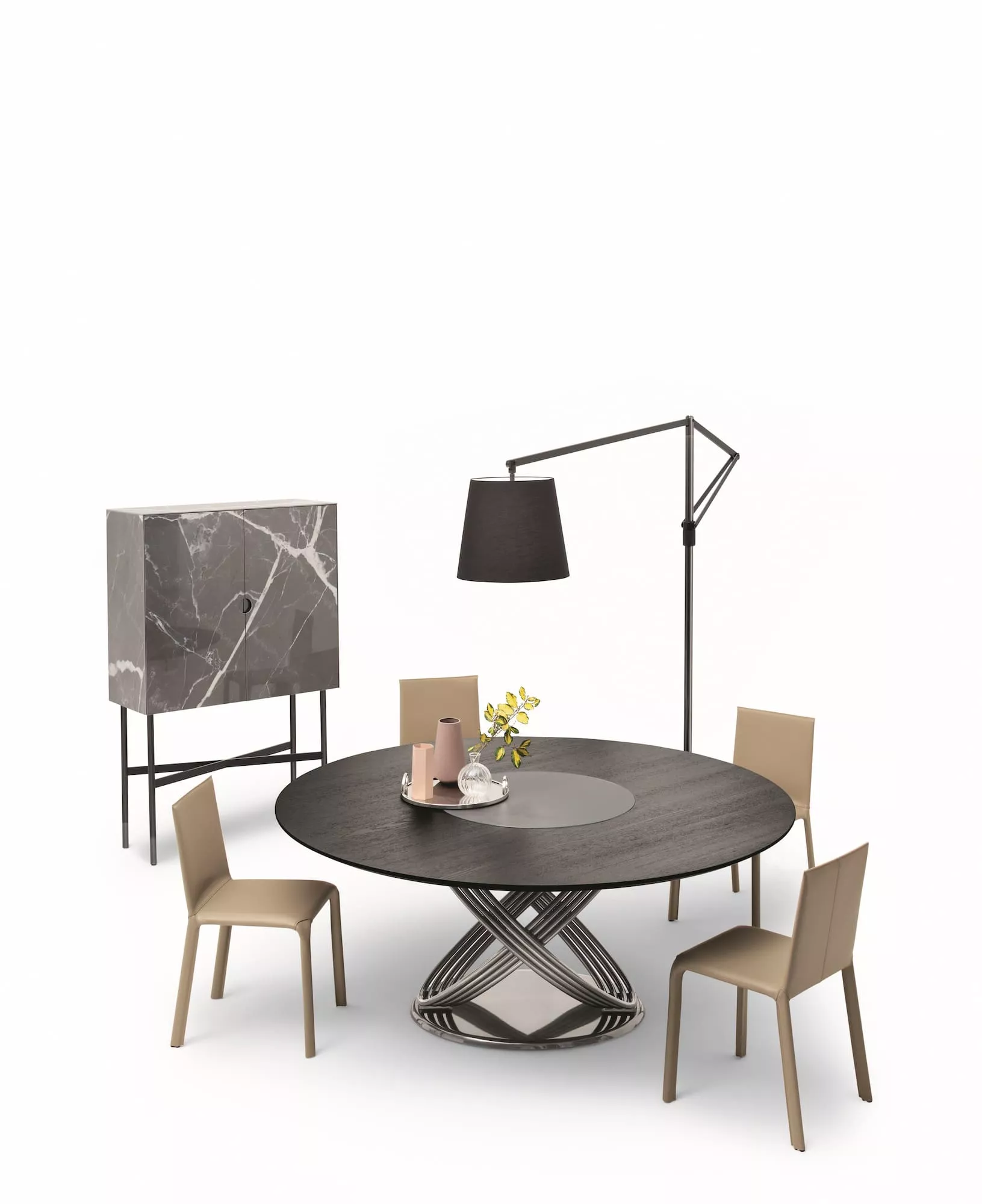 Elegant Fusion Round table by Bontempi featuring a sand‑finished metal double‑ring pedestal and glossy SuperMarble Arabescato tabletop.