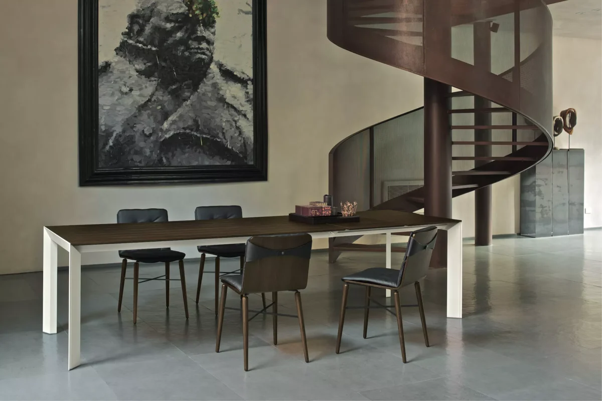 Extendable Genius table by Bontempi featuring matt SuperCeramic Savoia‑grey surface and matching natural‑silver frame.