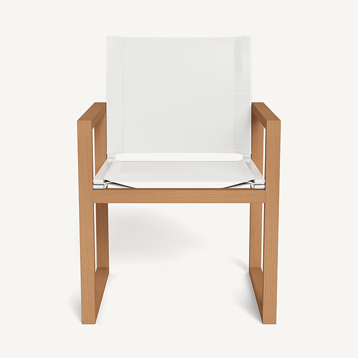 “Hayman Teak Dining Chair by Harbour – modern outdoor chair with arms and solid teak frame”