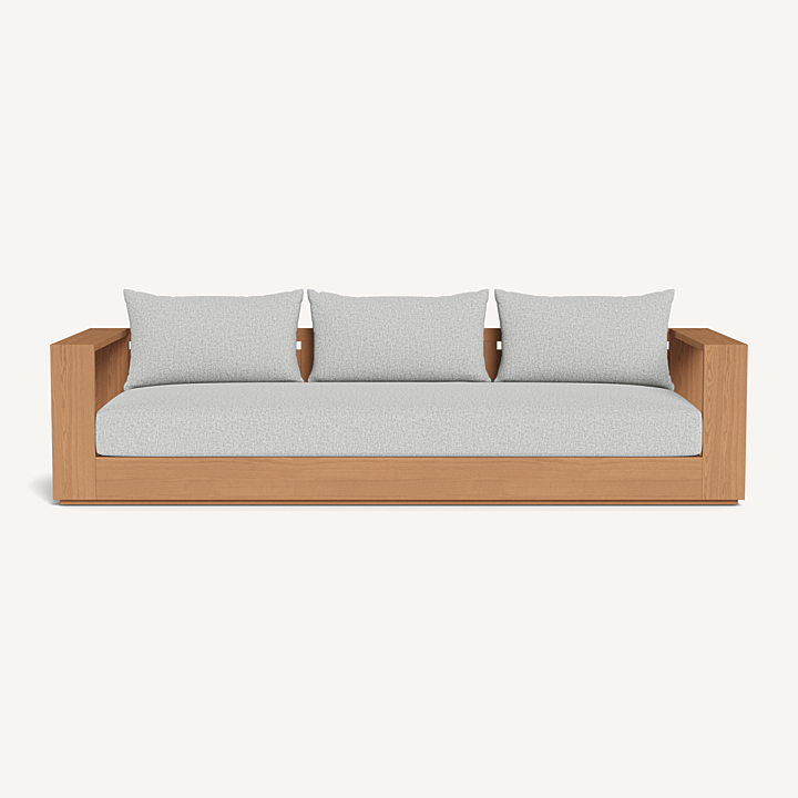 “Hayman Teak 3 Seat Sofa by Harbour – modern outdoor sofa with solid teak frame and deep cushions”