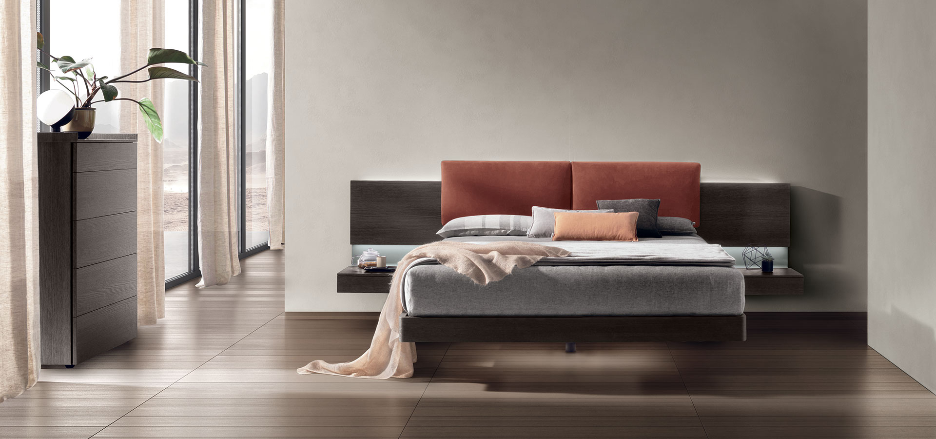 “Shiro bed by Tomasella – modern Italian bed with minimalist upholstered headboard and sleek low-profile frame”