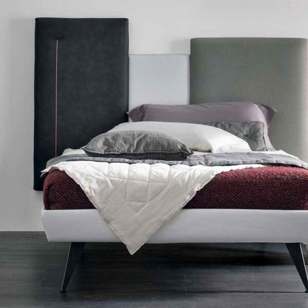 “Skyline single bed by Tomasella – modern Italian youth bed with tall upholstered headboard and minimalist frame”